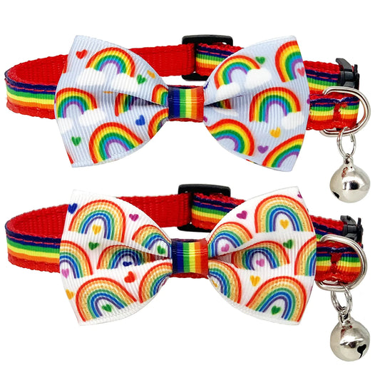 Casidoxi 2 Pcs Rainbow Cat Collar Breakaway with Bell Pride Cat Bow Tie Collars for LGBT Pride Month Cats Puppy Pride Apparel